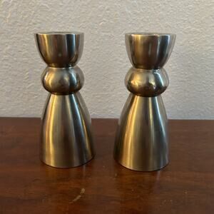 Mid Century Modern Stainless Steel Candlestick Holders Set of 2 Vintage Style